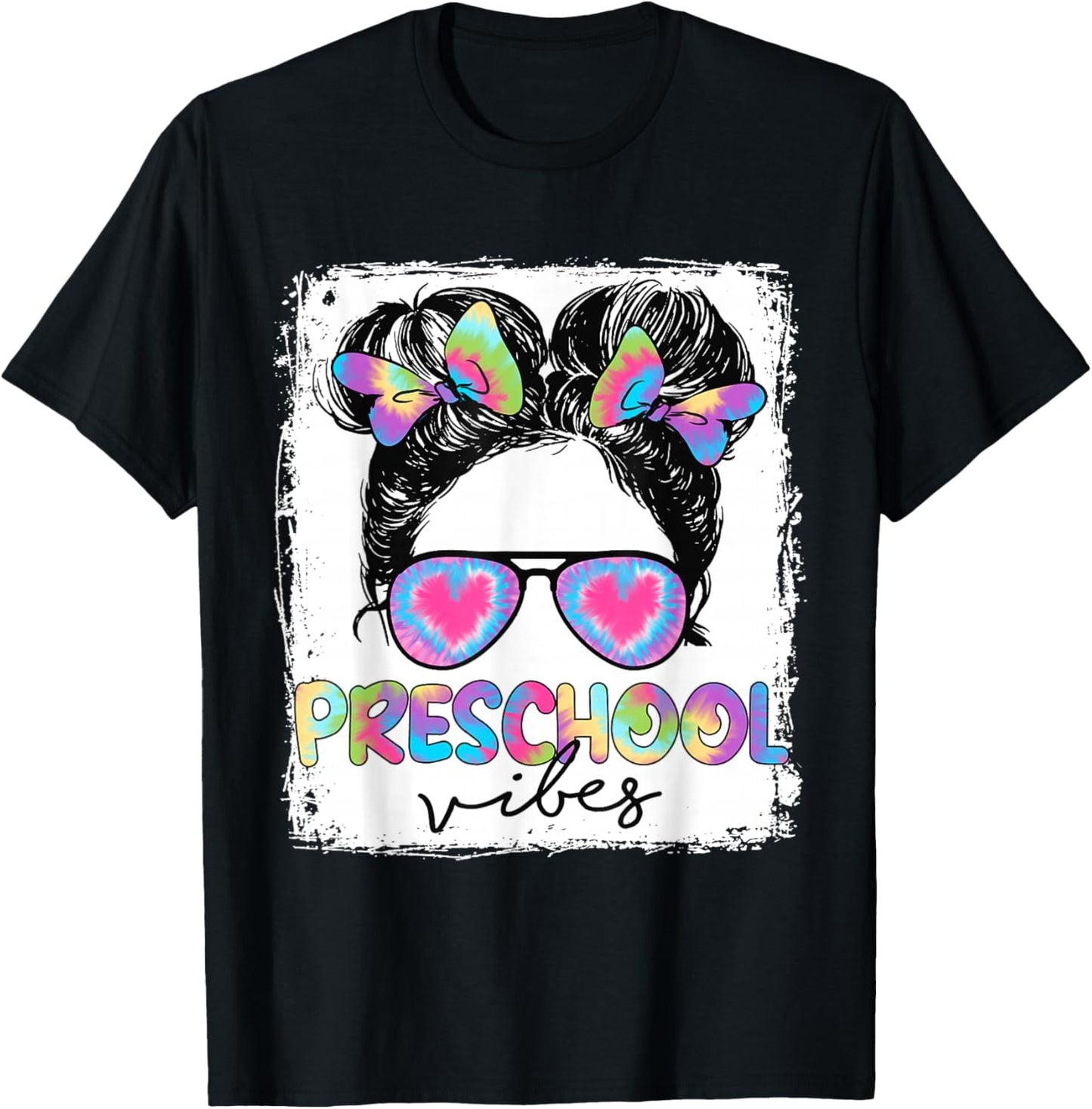 Preschool Vibes Messy Hair Bun Girl Back To School First Day T-Shirt - T-Shirt | Black