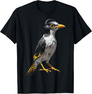 Myna Bird Motif Animal Illustration Music Headphone Myna T-Shirt - T-Shirt | Black