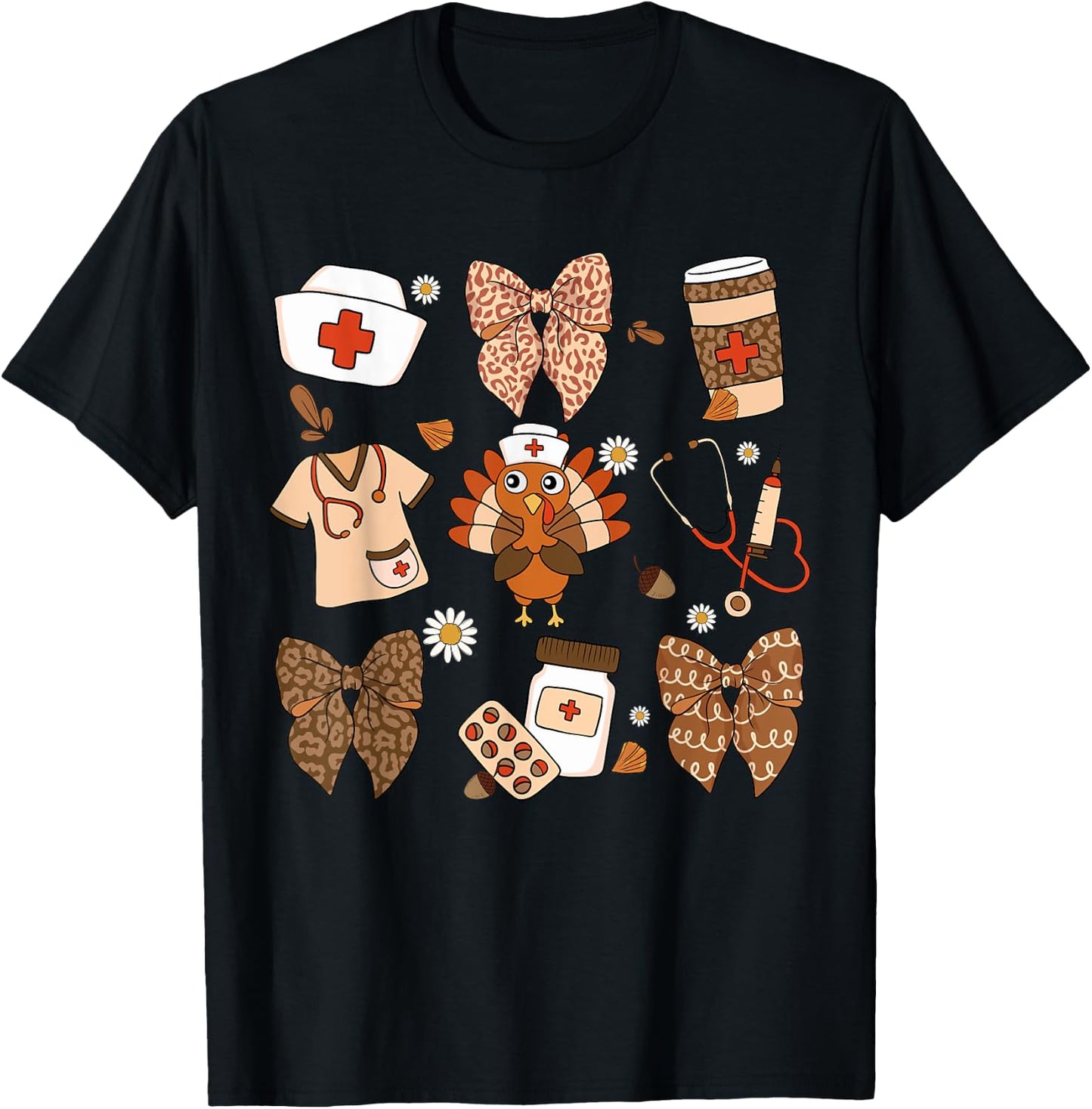 Thanksgiving Nurse Essentials Cute Turkey Medical Fall Decor T-Shirt - T-Shirt | Black