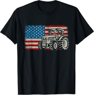 Farm Tractor American Flag Patriotic Proud Farmer T-Shirt - T-Shirt | Black