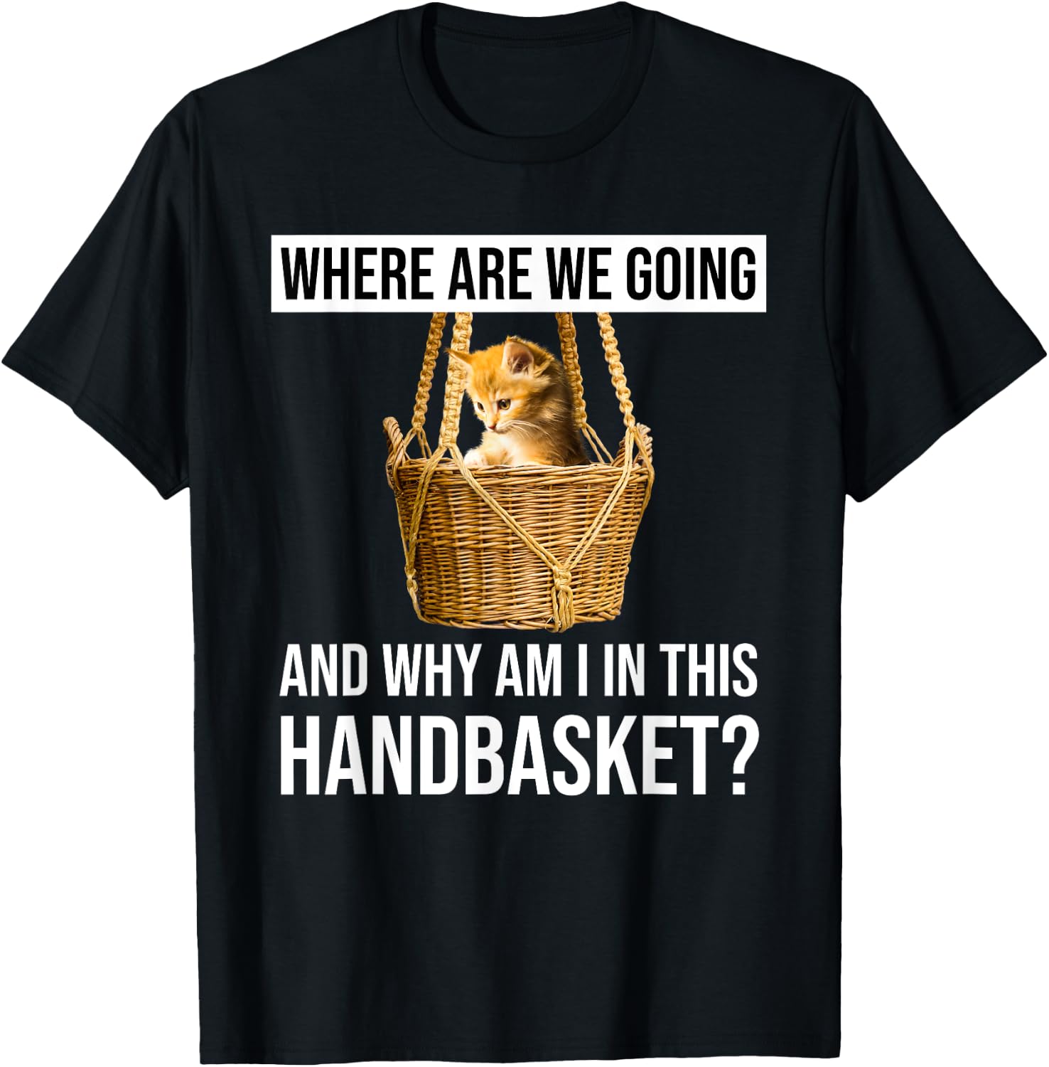 Where Are We Going & Why Am I In This Handbasket Funny Cat Men Women T-Shirt - T-Shirt | Black