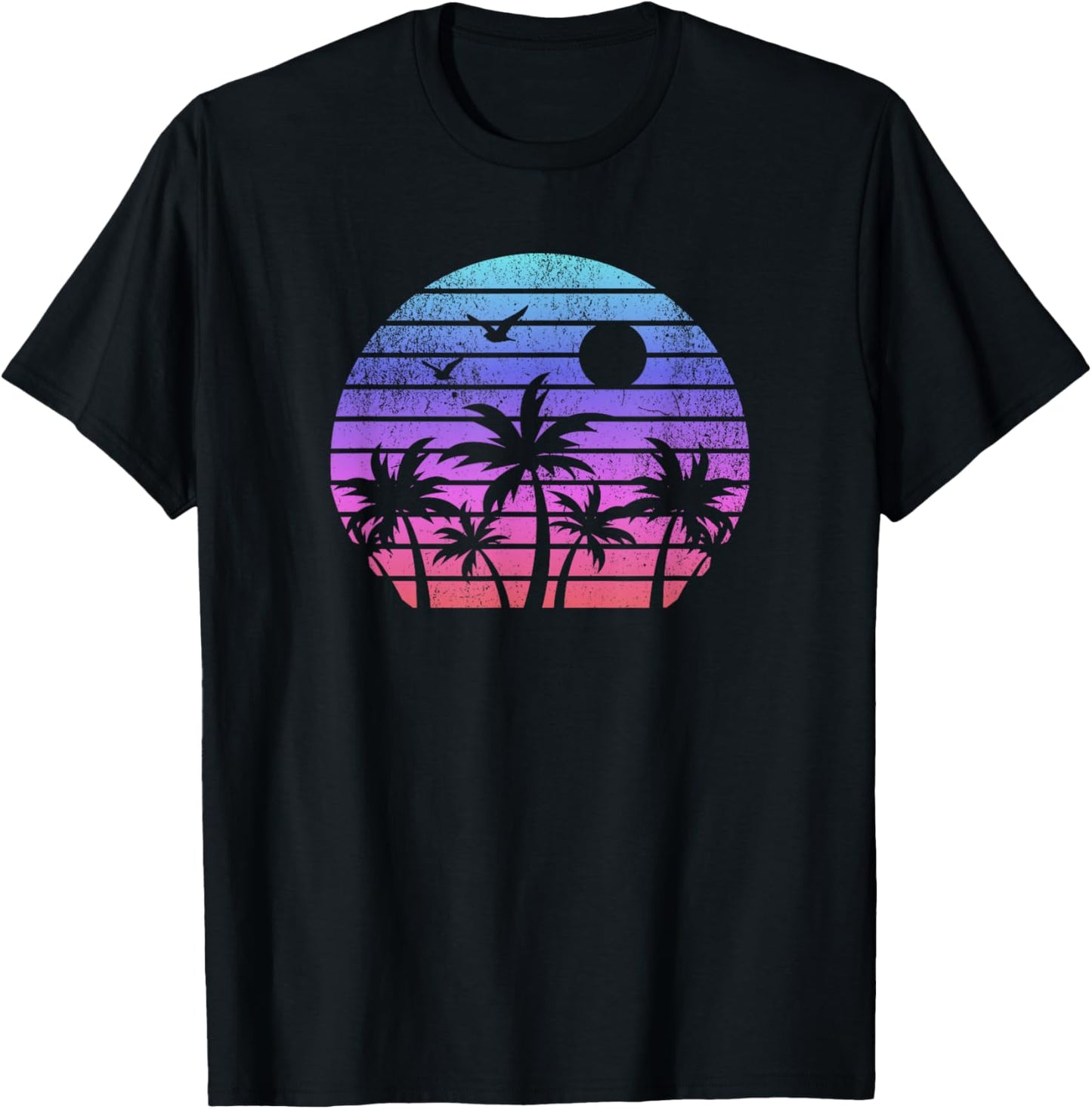 Beach Sunset Palm Trees Retro 80s Eighties Vintage Graphic T-Shirt - T-Shirt | Black