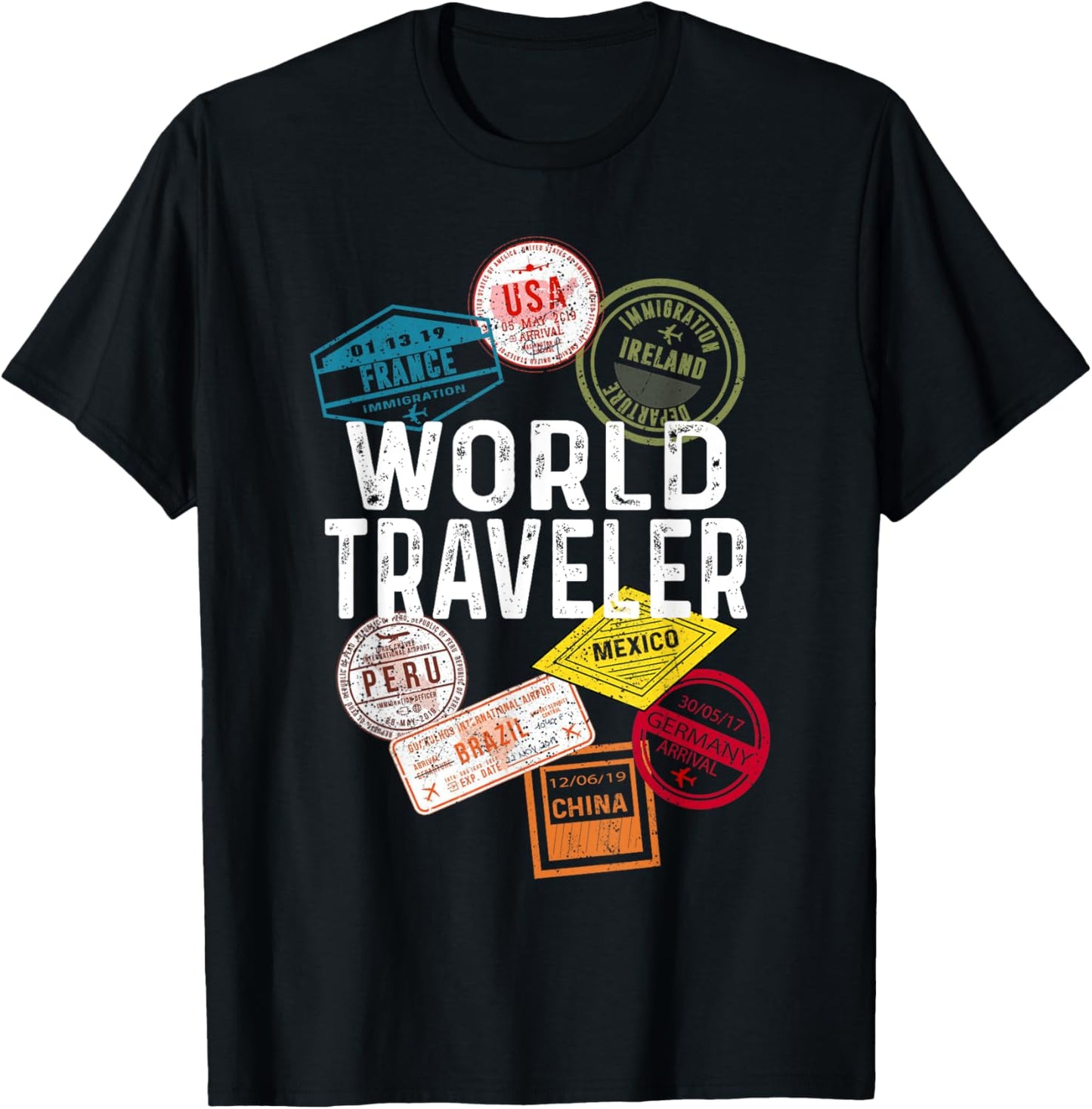 Vintage Distressed World Traveler Passport stamp T-Shirt - T-Shirt | Black
