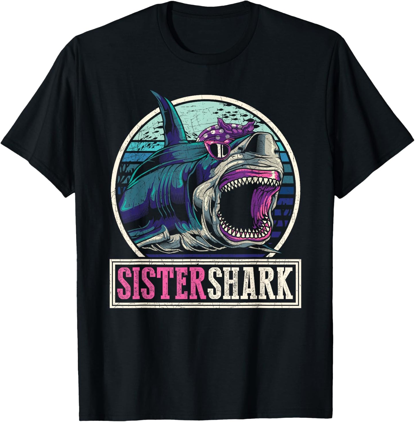 Retro Ocean Animal Family Girls Gift Predator Sister Shark T-Shirt - T-Shirt | Black
