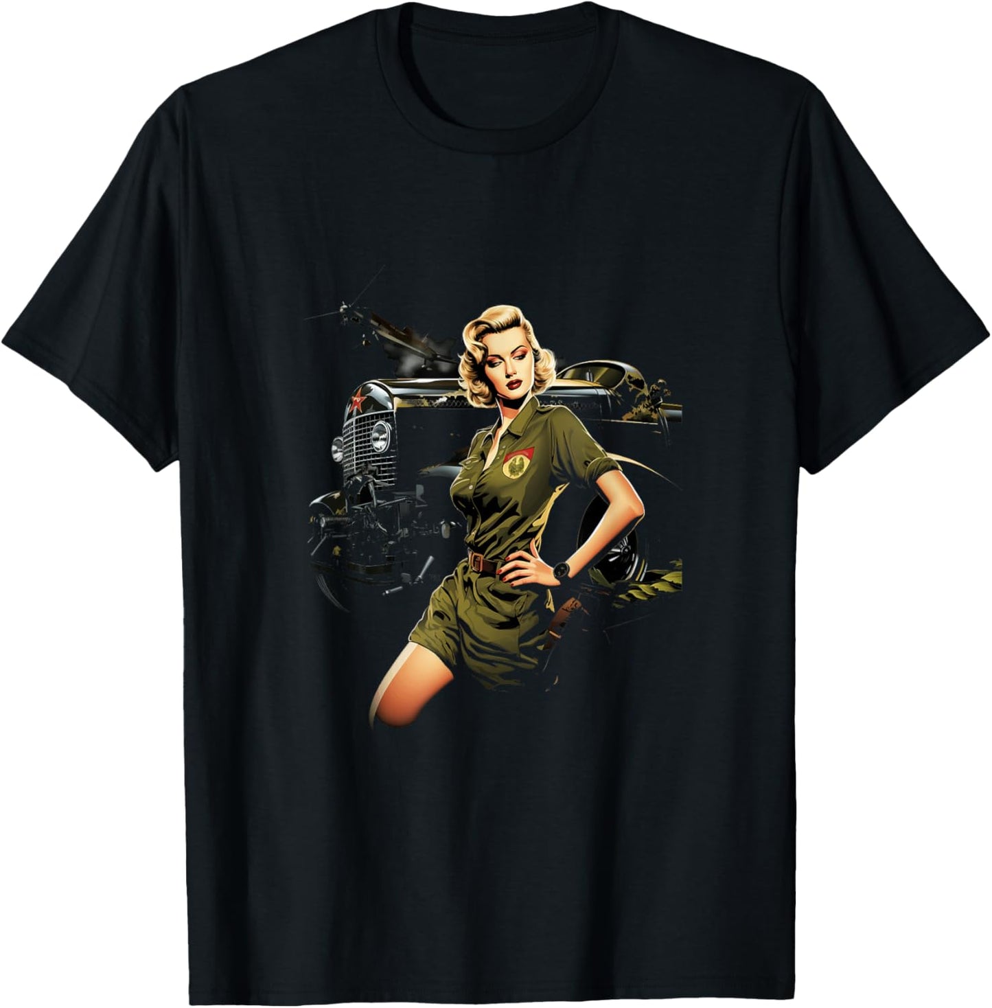 Pinup Girl WW2 Military Vehicle Tank Vintage T-Shirt - T-Shirt | Black