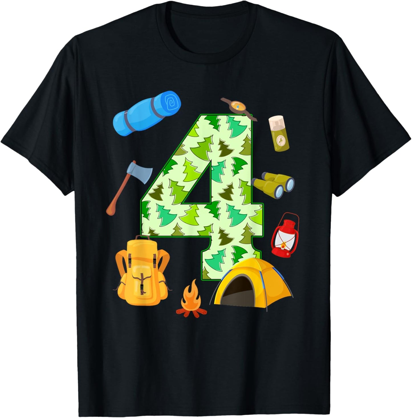 4th Birthday Camping Theme 4 Year Old Birthday Kids T-Shirt - T-Shirt | Black