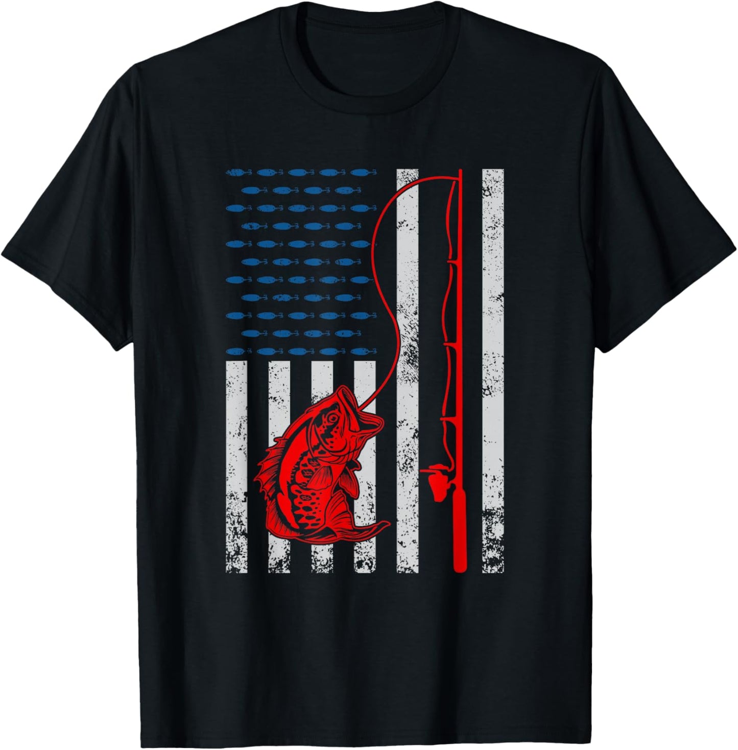 American Flag Fishing Rod Fishing Lover Vintage Fisherman T-Shirt - T-Shirt | Black