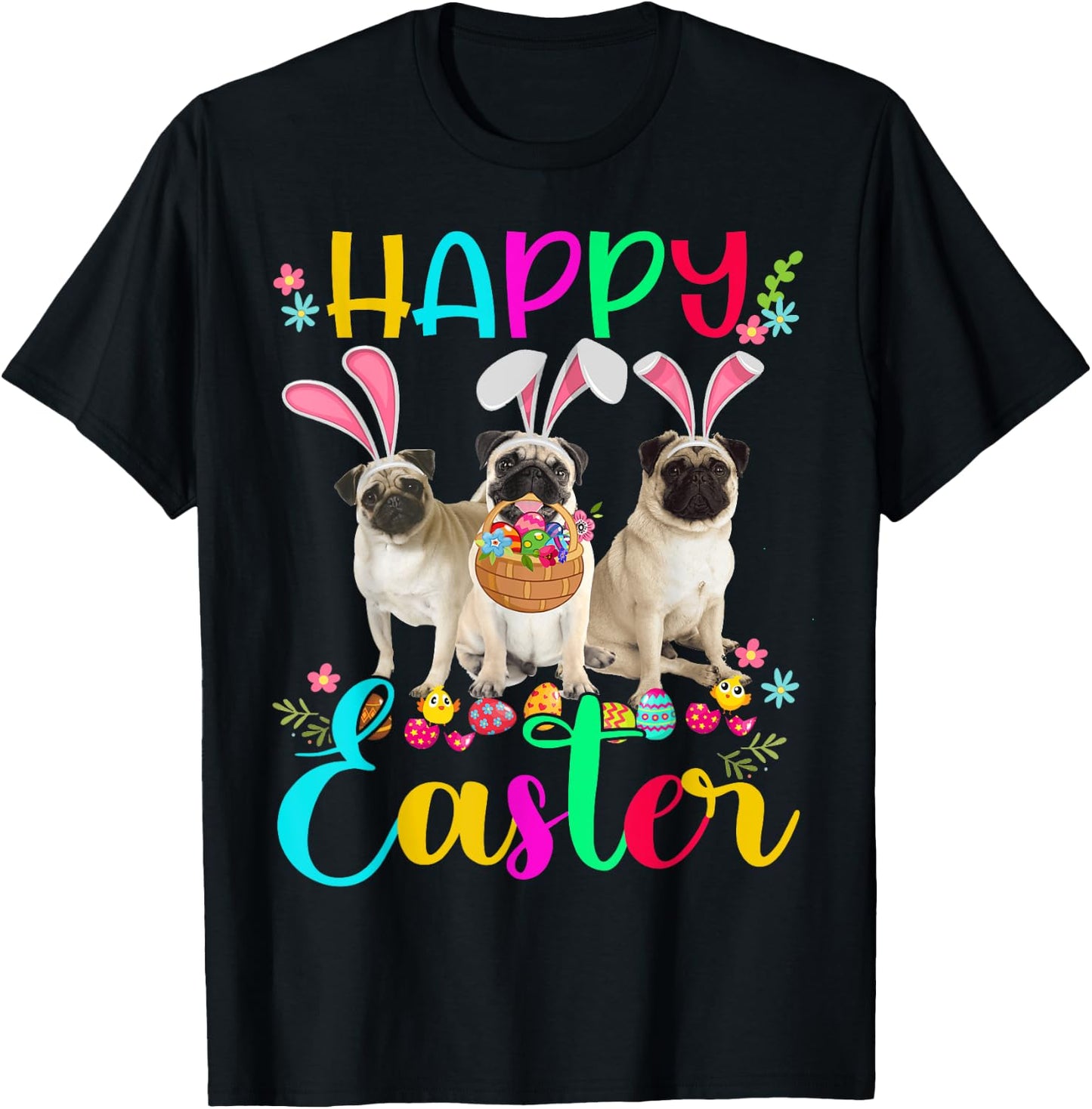 Happy Easter Three Pug Wearing Bunny Ear Pug Lover T-Shirt - T-Shirt | Black