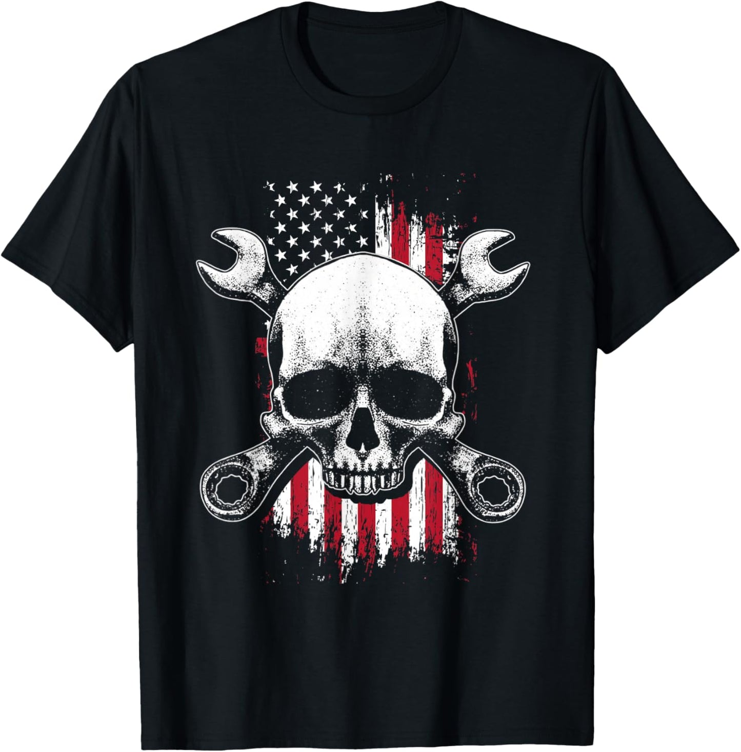 US American Flag | Wrench Tools | Garage Skeleton Mechanic T-Shirt - T-Shirt | Black