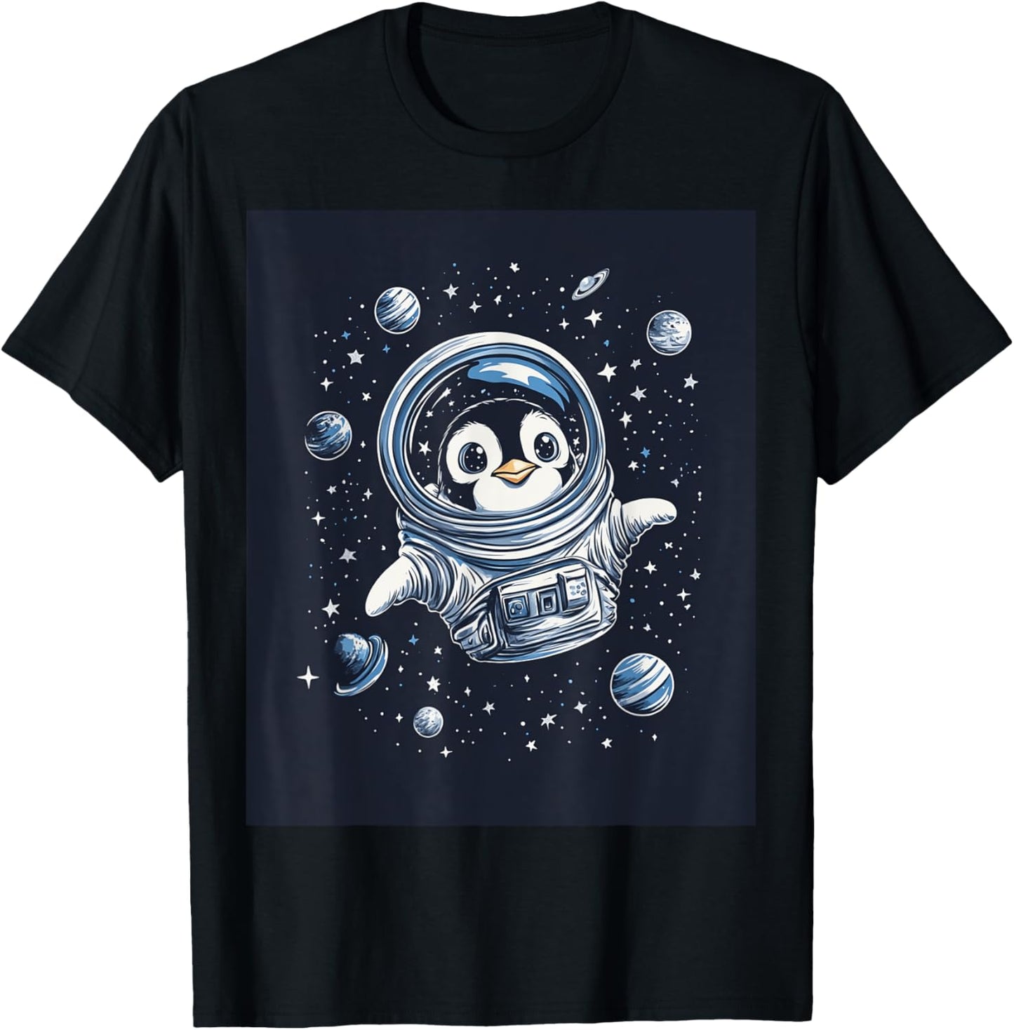 Cute Penguin in Space Floating Among Stars Apparel T-Shirt - T-Shirt | Black