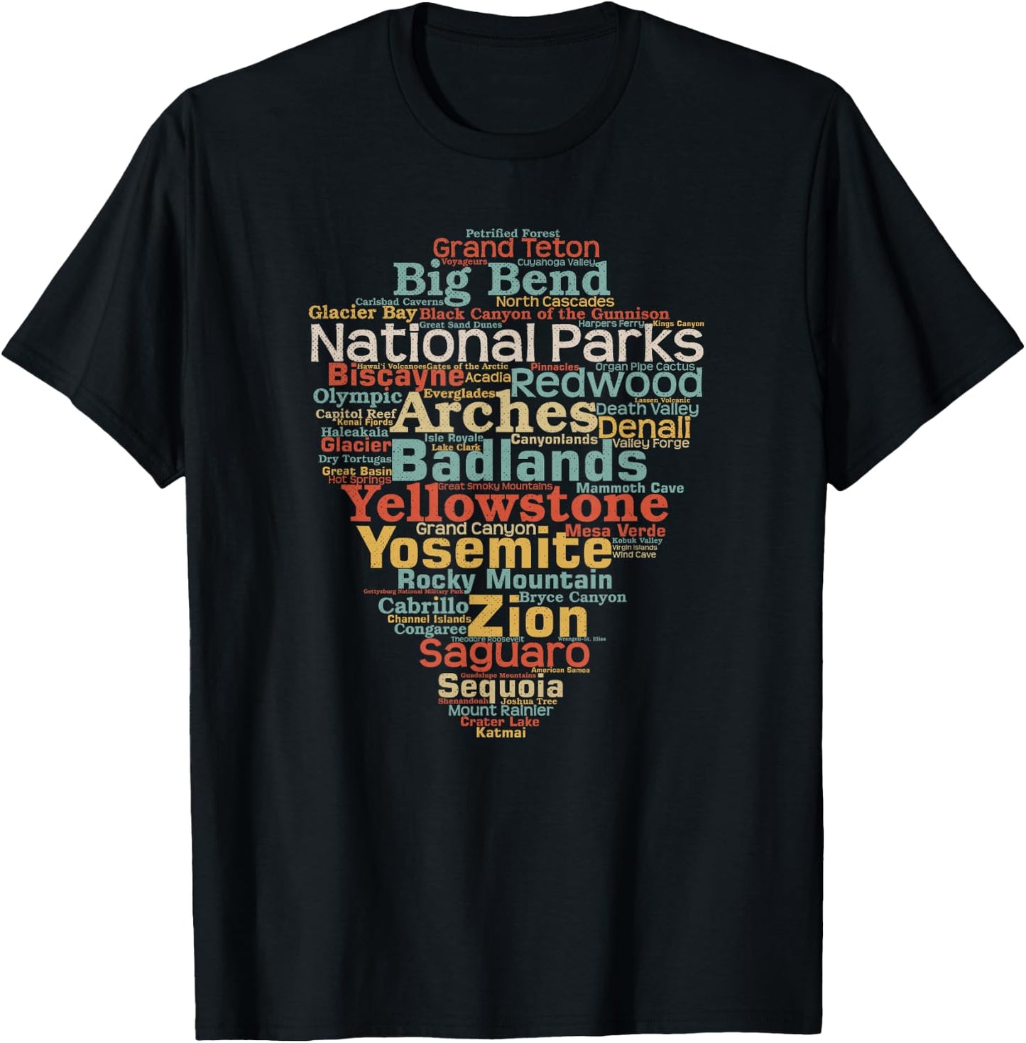 National Parks List Word Cloud Camping Hiking Men Women Kids Short Sleeve T-Shirt - T-Shirt | Black