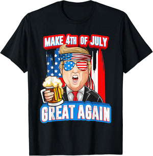 Make 4th of July Great Again Trump Drink Beer In Sunglasses Women Men T-Shirt - T-Shirt | Black