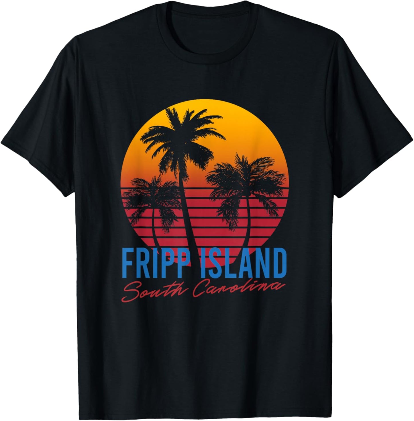 Vintage Fripp Island South Carolina Palm Trees Sunset Retro T-Shirt - T-Shirt | Black