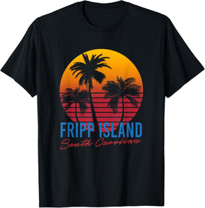 Vintage Fripp Island South Carolina Palm Trees Sunset Retro T-Shirt - T-Shirt | Black