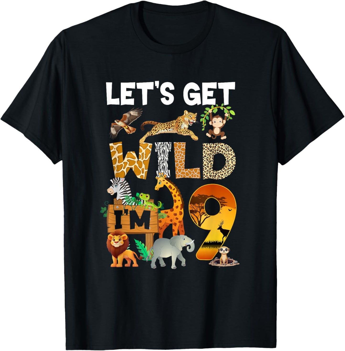 9 Year Old Zoo Birthday Safari Jungle Animal 9Th Bday T-Shirt - T-Shirt | Black