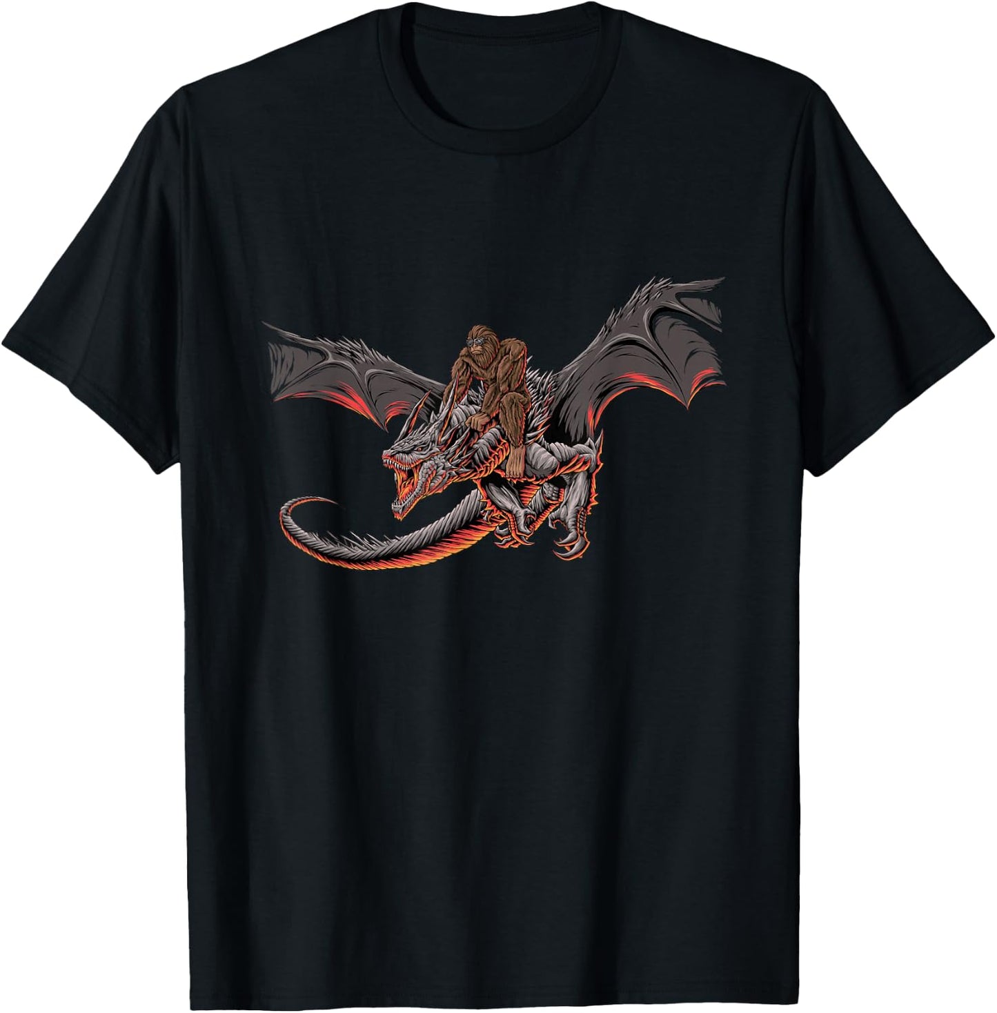 Bigfoot Riding A Dragon Looking at Dinosaurs - Sasquatch T-Shirt - T-Shirt | Black