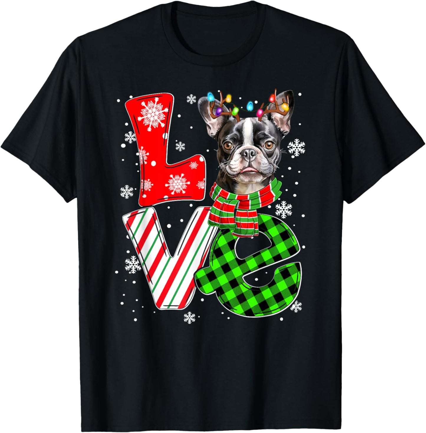 Boston Terrier Christmas Tree Lights Santa Dog Xmas Women Kids T-Shirt - T-Shirt | Black
