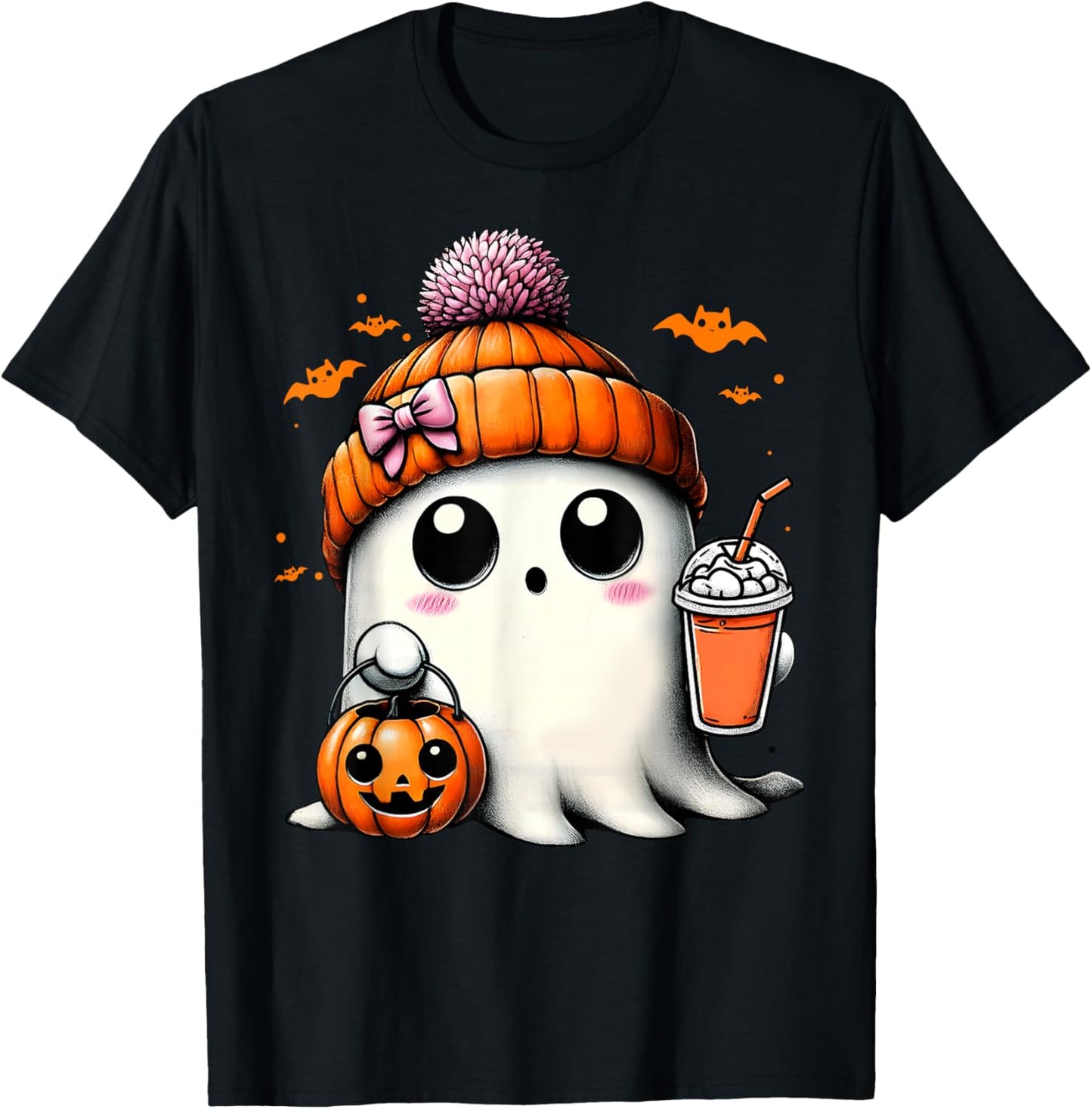 Cute Ghost Drinking Coffee Halloween Ghost Ice Coffee T-Shirt - T-Shirt | Black