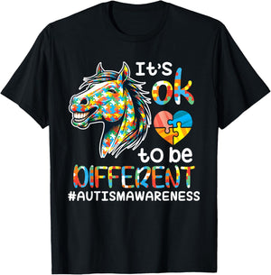 Horse Autistic It's OK To Be Different Autism Support Hope T-Shirt - T-Shirt | Black