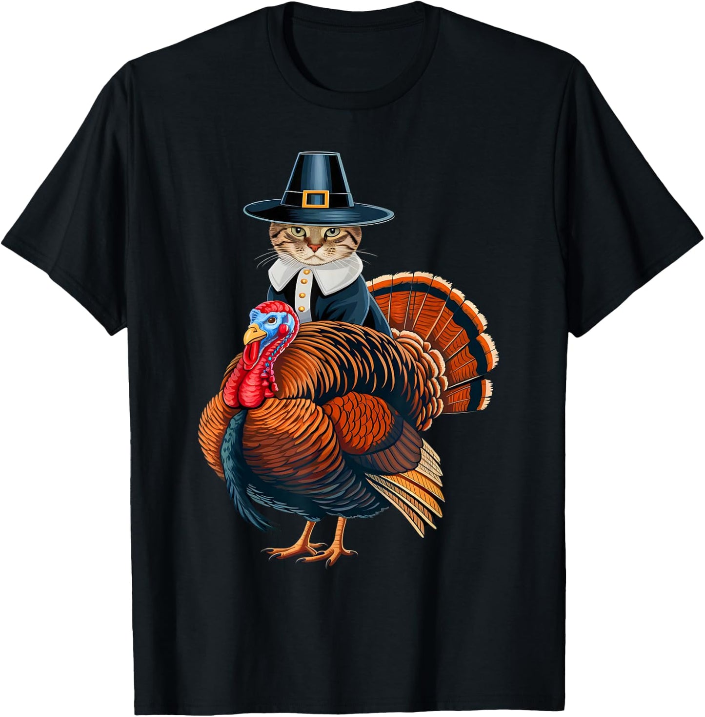 Pilgrim Cat With Turkey Funny Thanksgiving Cat And Turkey T-Shirt - T-Shirt | Black