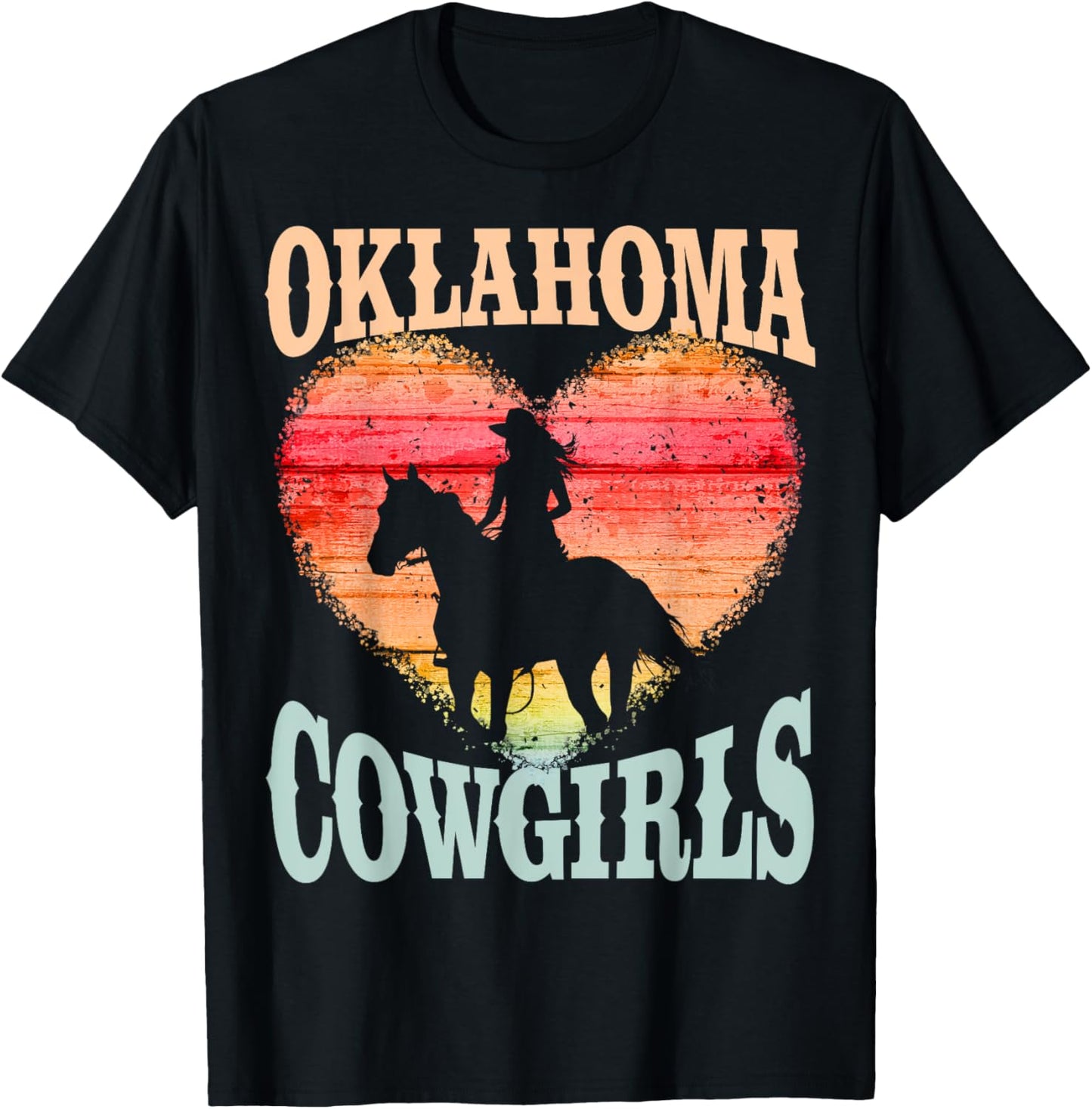 Oklahoma Cowgirls Girl Riding Horse Silhouette Ombre Heart T-Shirt - T-Shirt | Black
