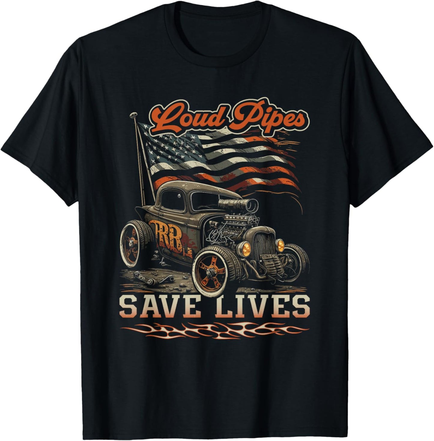 Hot Rod Rusty Car, Loud Pipes Save Lives, Patriotic Rat Rod Men T-Shirt - T-Shirt | Black