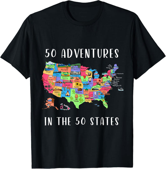 ALL50CLUB Women's USA Travel Map , Black, Small, Short Sleeve, Classic Fit, Crew Collar, , 50 States Map Design T-Shirt - T-Shirt | Black