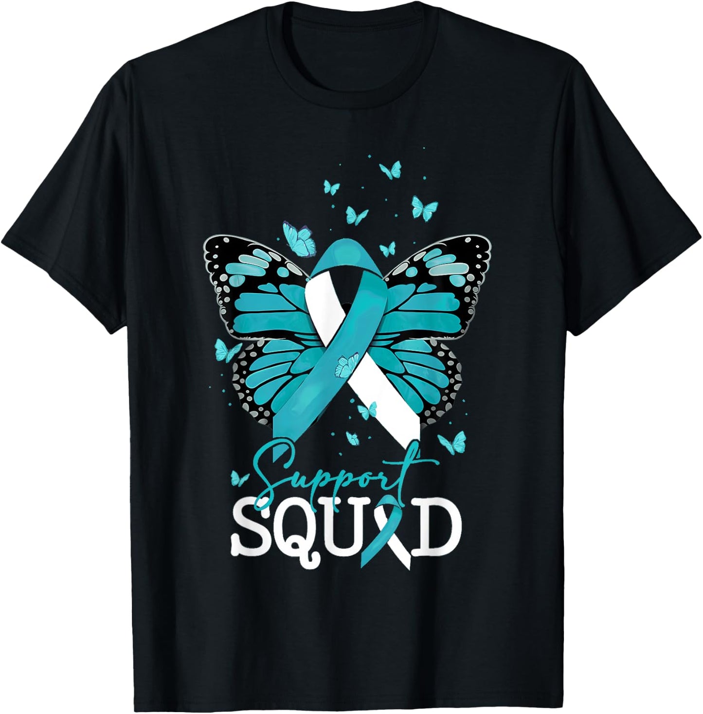Teal Butterfly Support Squad Cervical Cancer Awareness T-Shirt - T-Shirt | Black