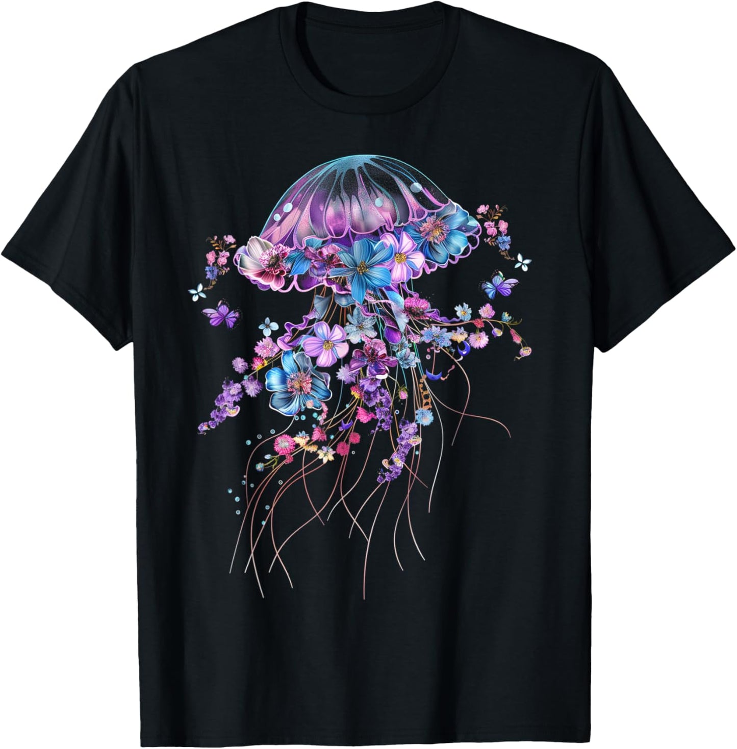 Jellyfish Flowers Vintage Floral Scuba Diving Surf T-Shirt - T-Shirt | Black