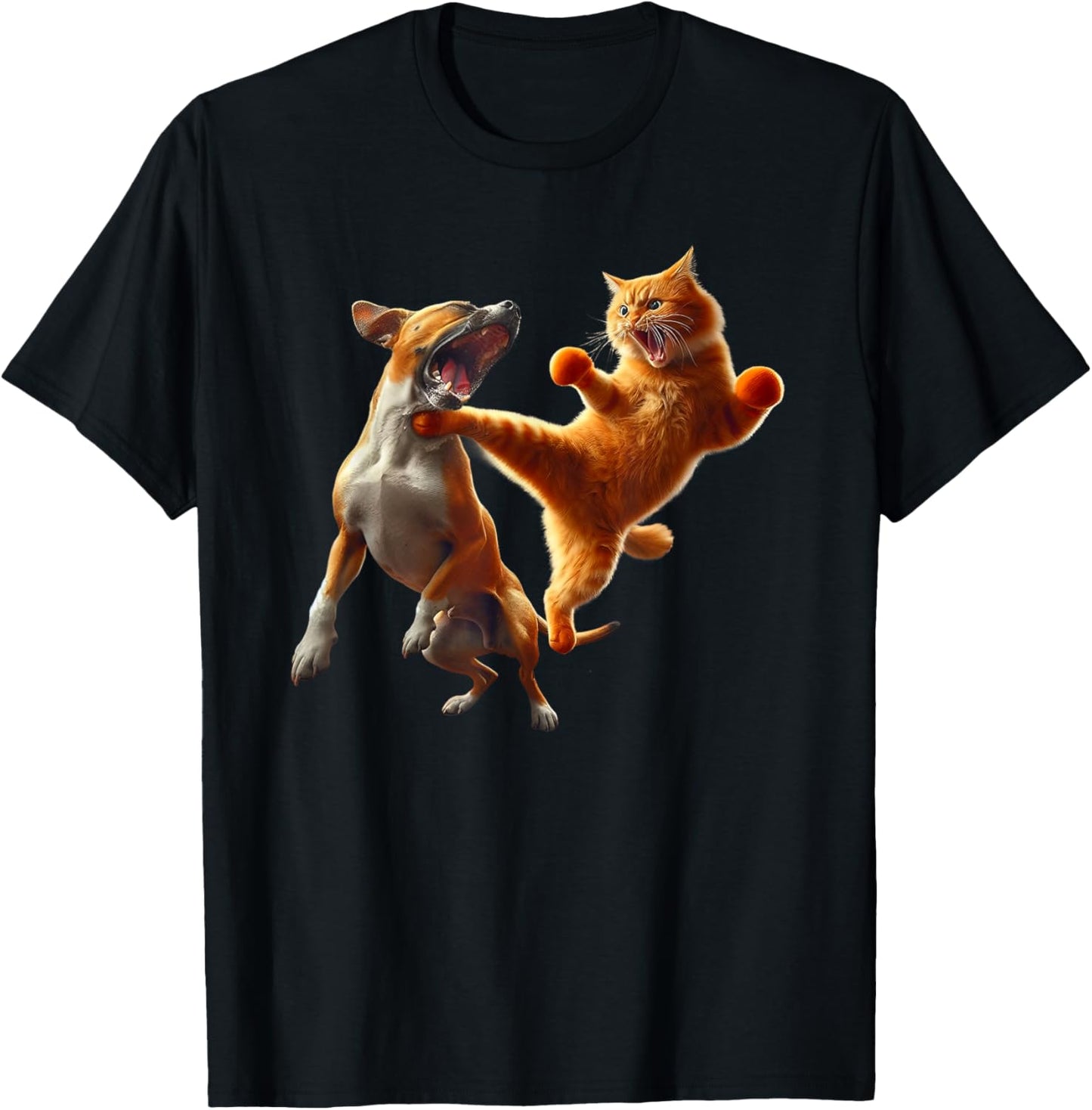 Dog Vs Cat Kick Boxing Fighting Funny Cat Joke Pun Graphic T-Shirt - T-Shirt | Black