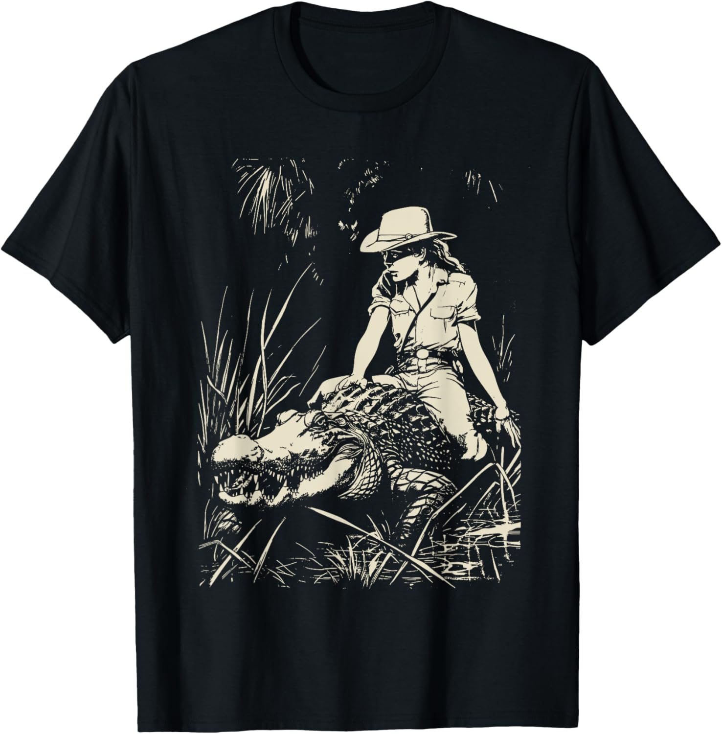 Girl riding Alligator | Weird Funny Florida Crocodile Meme T-Shirt - T-Shirt | Black