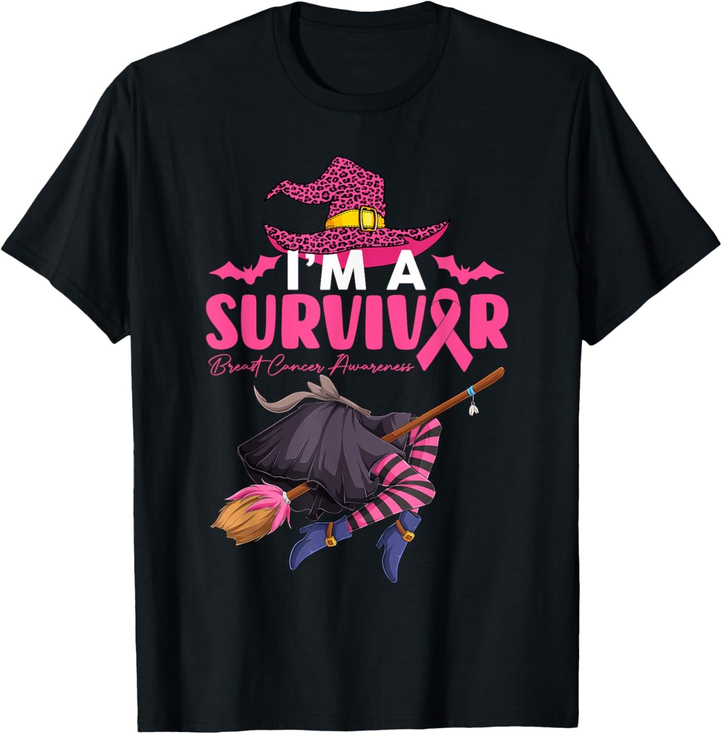 I'm Survivor Witch With Broom Breast Cancer Halloween Women T-Shirt - T-Shirt | Black