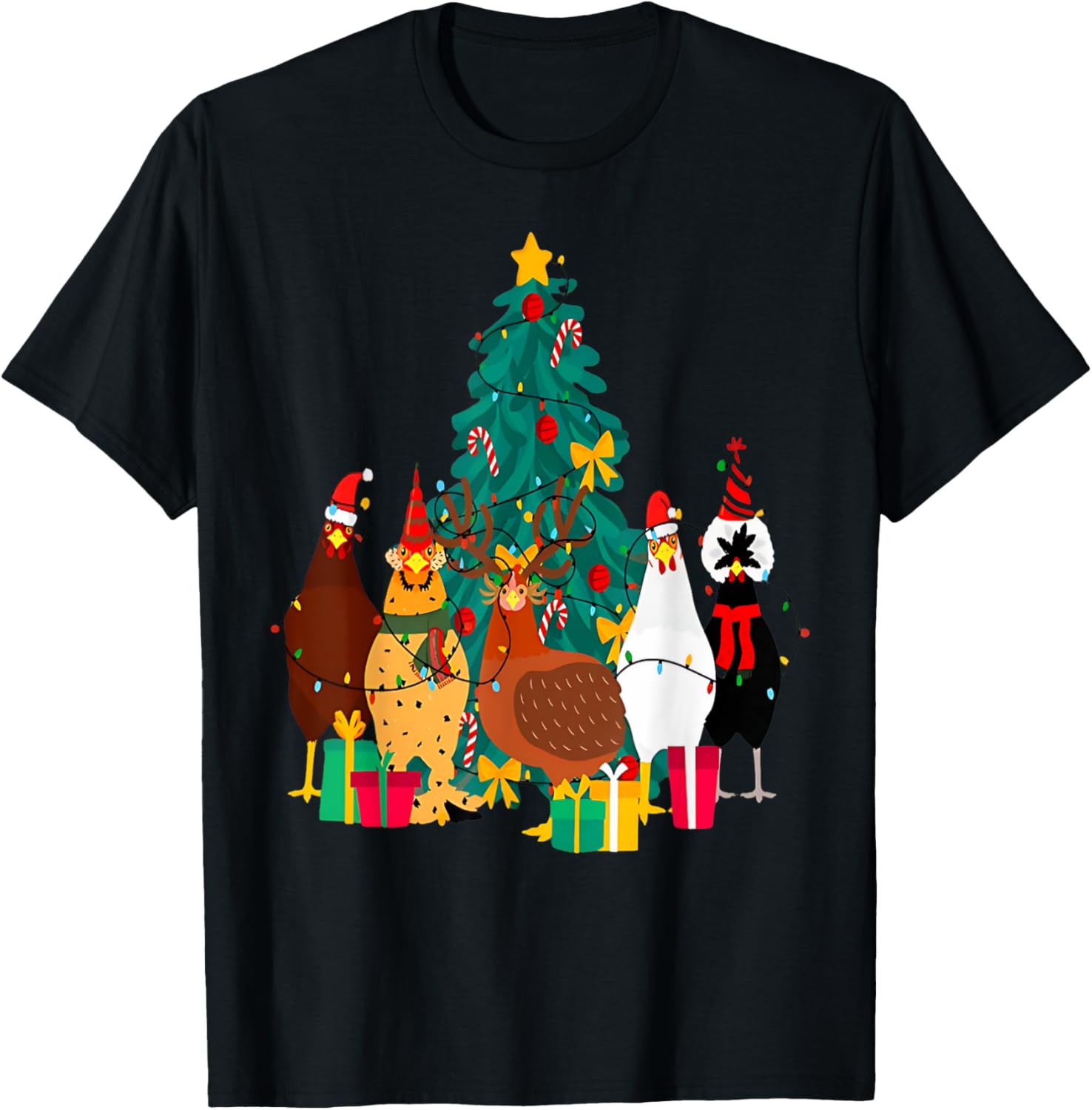 Cute Christmas Chickens Santa Farm Chickens Animals Pajamas T-Shirt - T-Shirt | Black