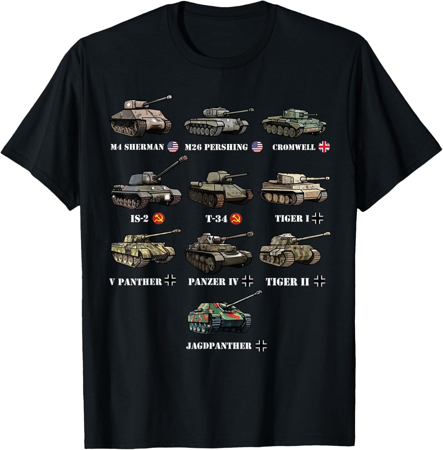 WW2 Tanks M4 Sherman Panzer IV Tiger II T-34 History Buff T-Shirt - T-Shirt | Black