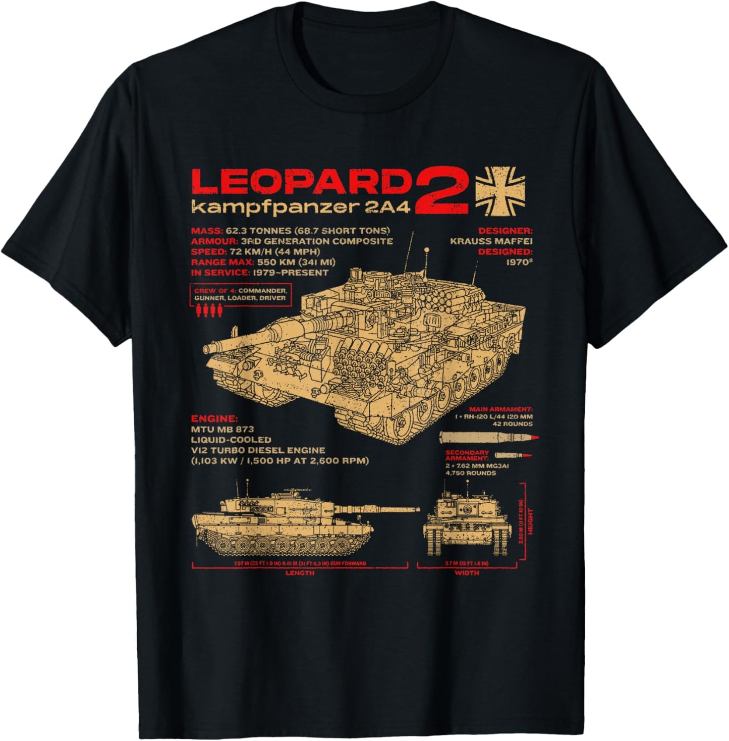 Leopard 2 2A4 Tank Armored Vehicle Blueprint T-Shirt - T-Shirt | Black