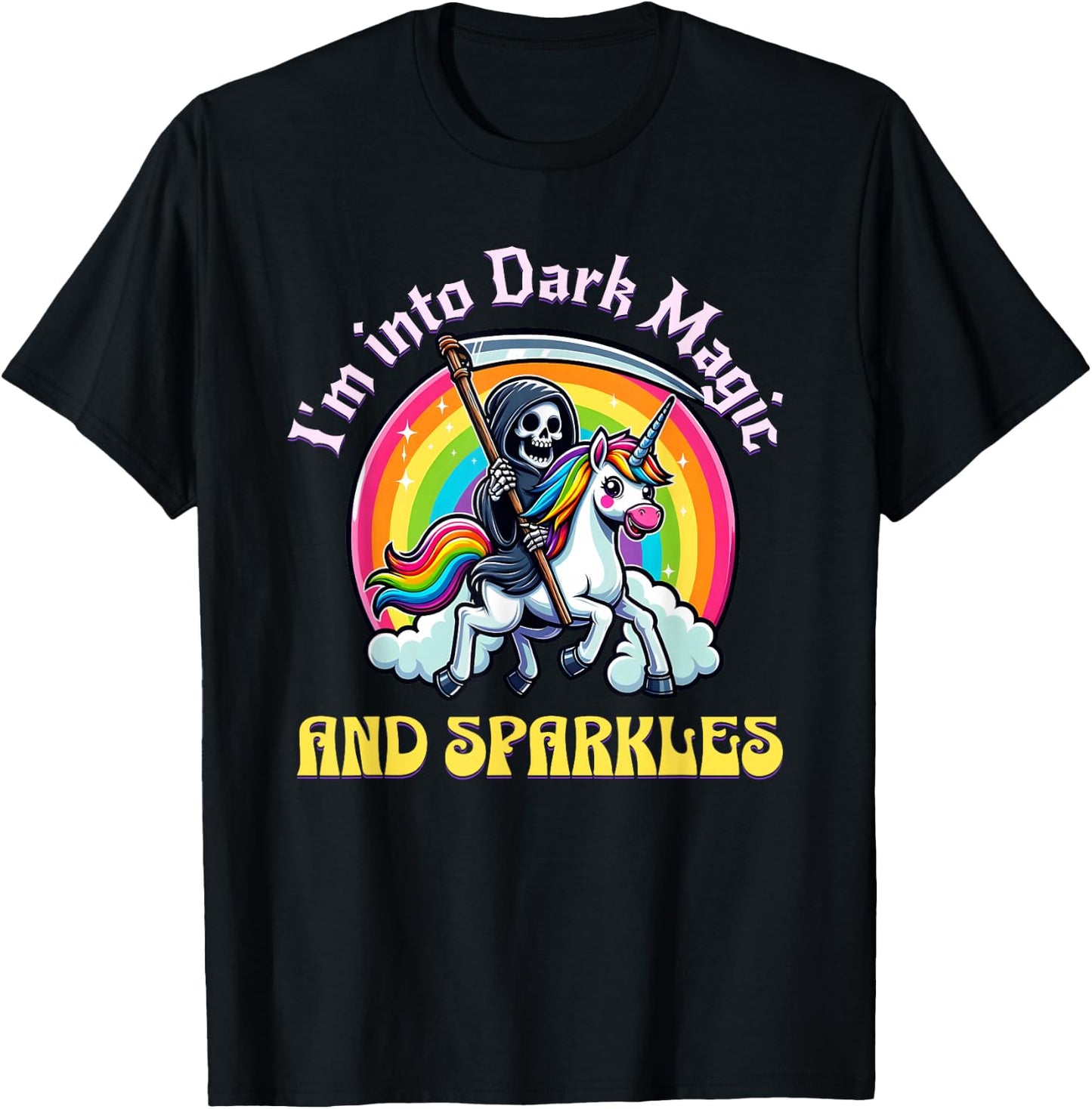 Dark Magic and Sparkles, Grim Reaper, Unicorn and Rainbow T-Shirt - T-Shirt | Black