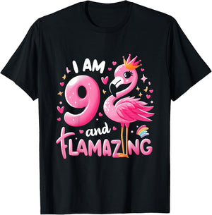 9 And Flamazing Nine Years Old 9th Birthday Flamingo T-Shirt - T-Shirt | Black