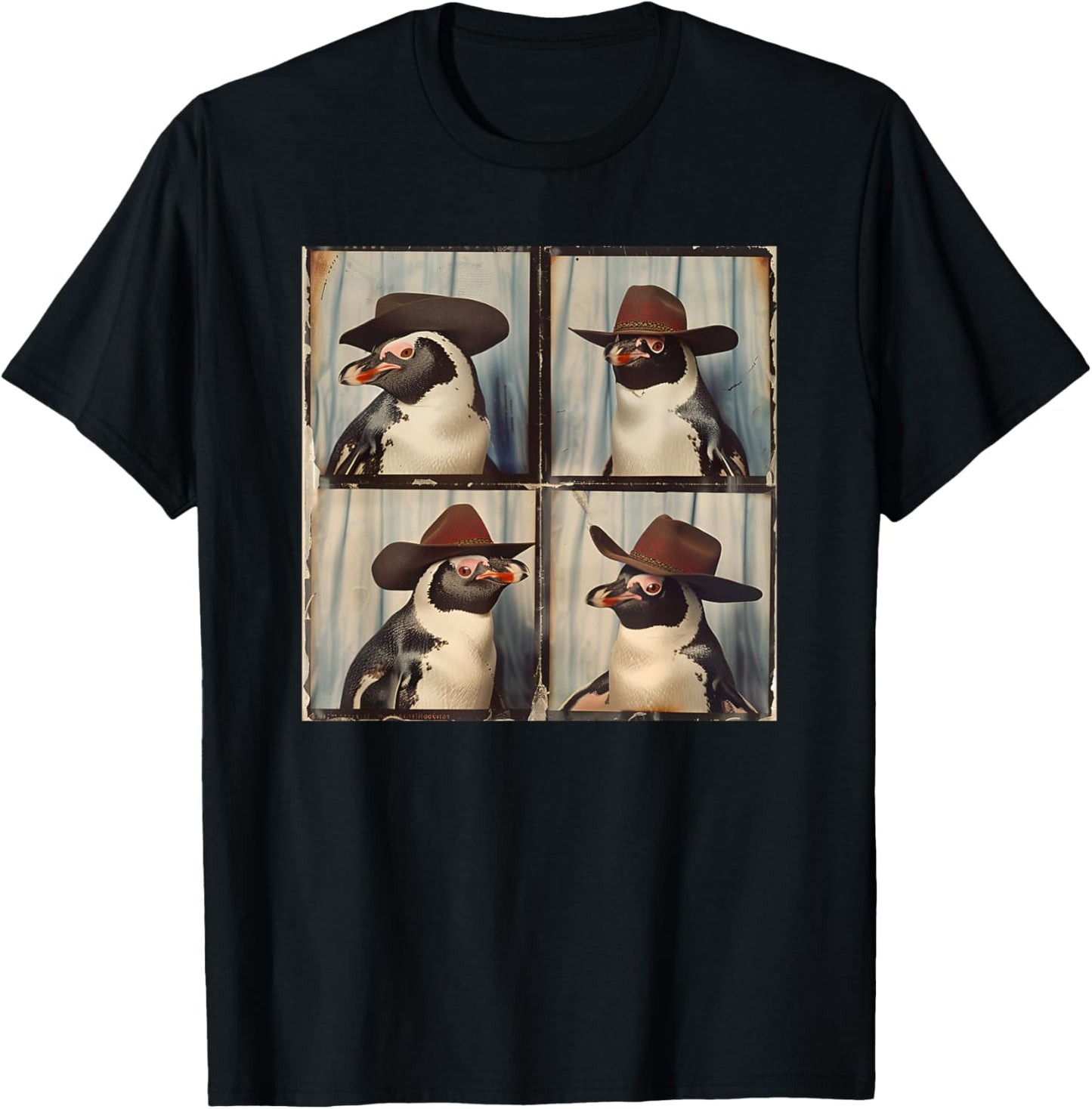 Penguin In Hat Funny Zoo Animal Photobooth Penguin Cowboy T-Shirt - T-Shirt | Black
