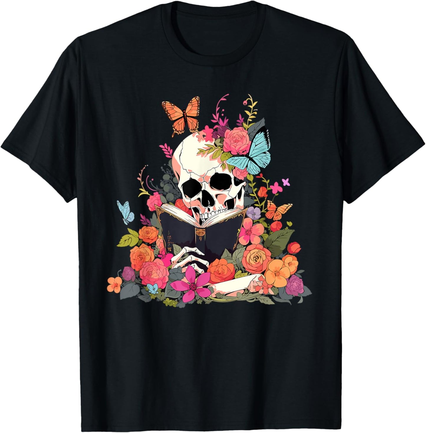 Book Reading Skull Skeleton Flowers Floral Bookish Butterfly T-Shirt - T-Shirt | Black