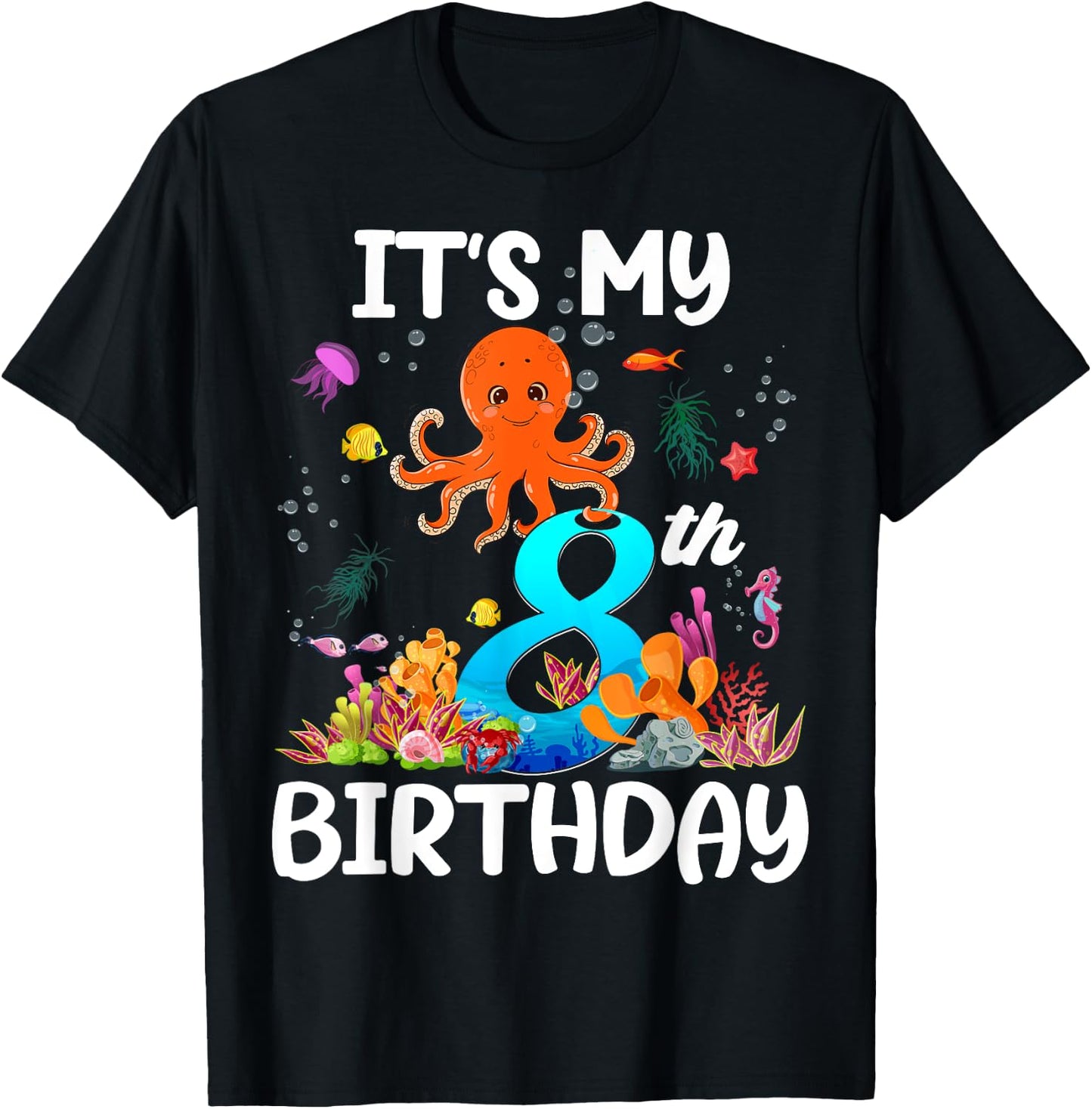 8 Year Old Ocean Life Whale Dolphin Octopus 8th Birthday T-Shirt - T-Shirt | Black