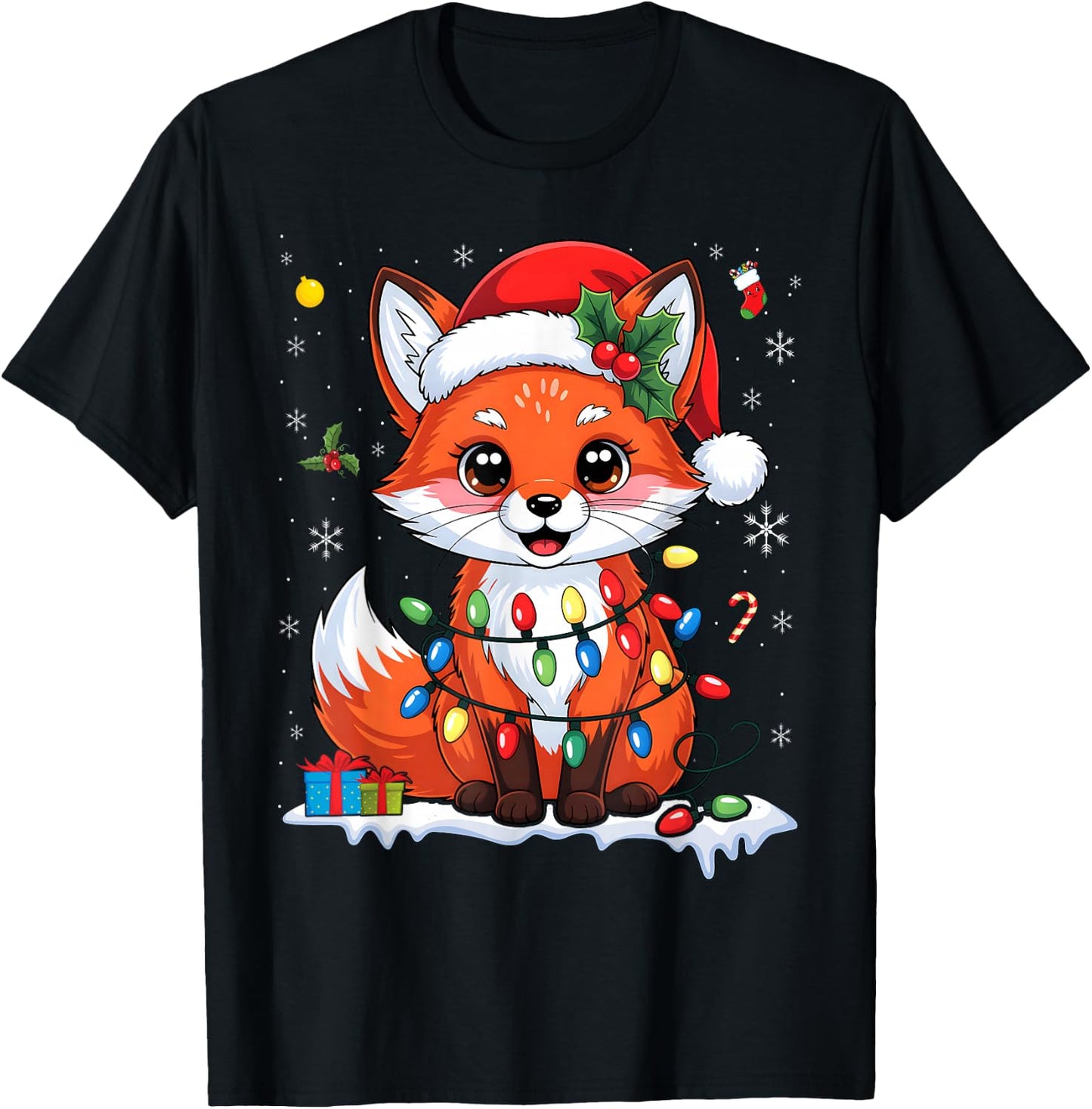 Merry Foxmas Christmas Lights Cute Fox Santa Hat T-Shirt - T-Shirt | Black