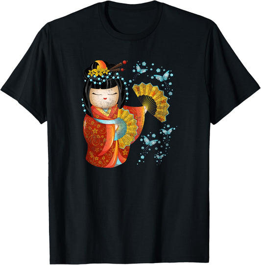 Kawaii Japanese Kokeshi Doll Kimono Geisha Butterflies T-Shirt - T-Shirt | Black