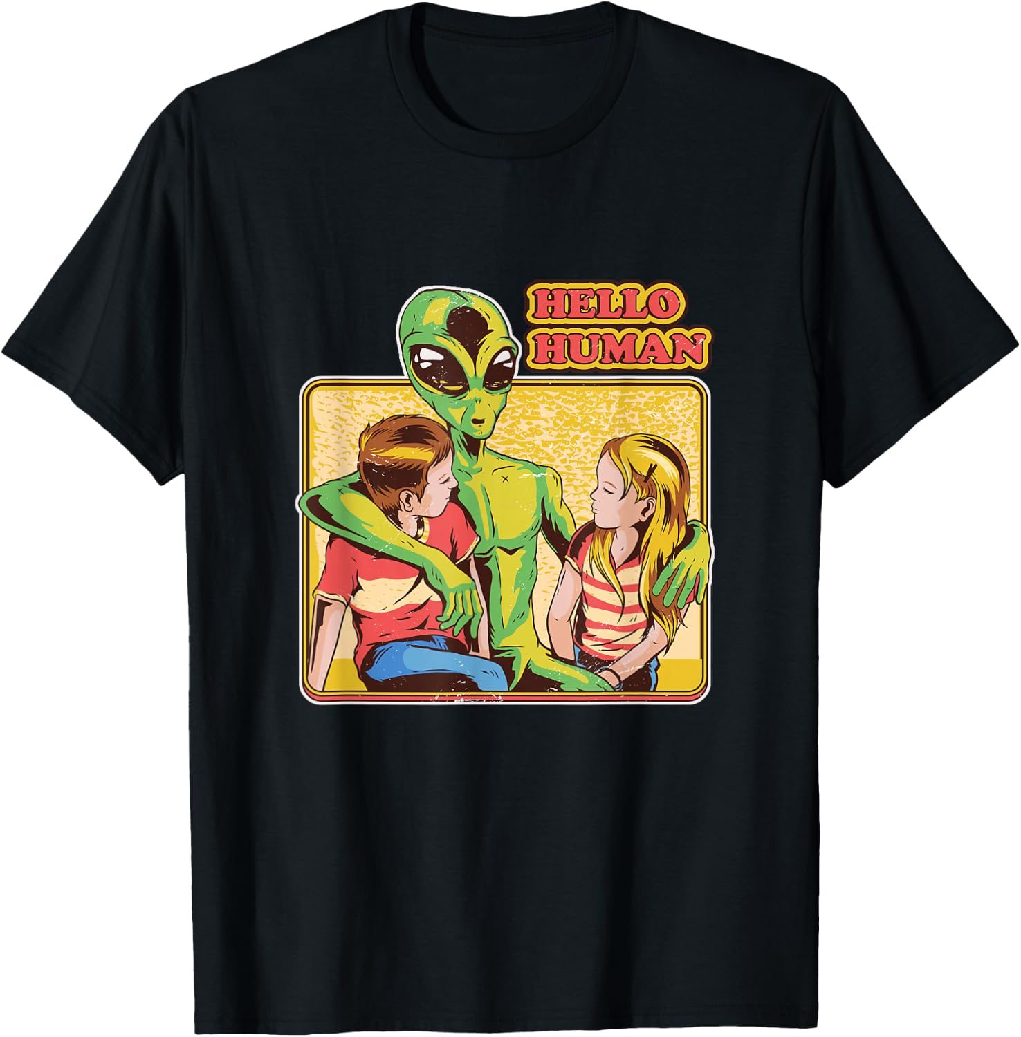 Cool Retro Alien and Hello Humans Outer Space Galaxy T-Shirt - T-Shirt | Black