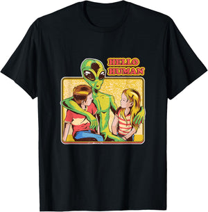 Cool Retro Alien and Hello Humans Outer Space Galaxy T-Shirt - T-Shirt | Black