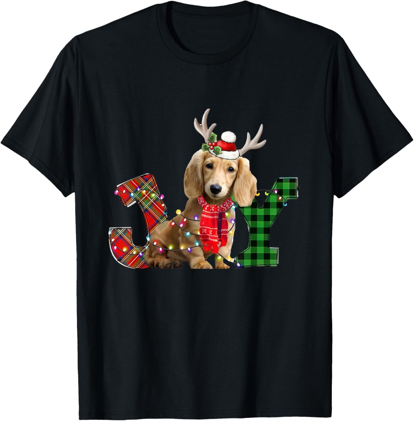 Joy Christmas Lights Long Haired Dachshund Dog Santa Hat T-Shirt - T-Shirt | Black