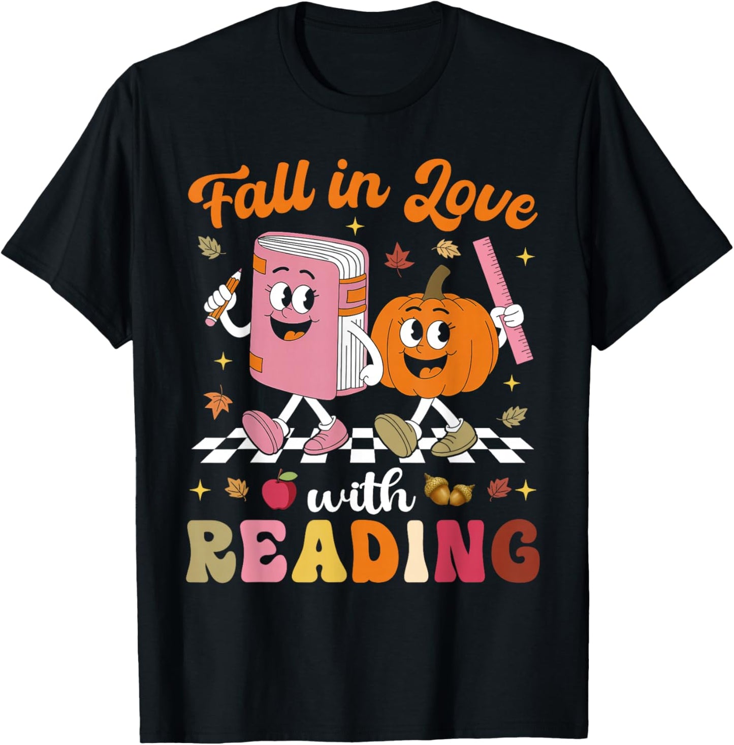 Retro Fall in Love with Learning Pumpkin Autumn Teacher T-Shirt - T-Shirt | Black