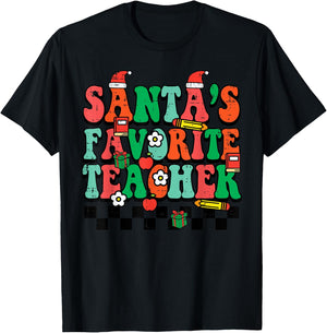 Santas Favorite Teacher Retro Groovy Christmas Xmas Women T-Shirt - T-Shirt | Black