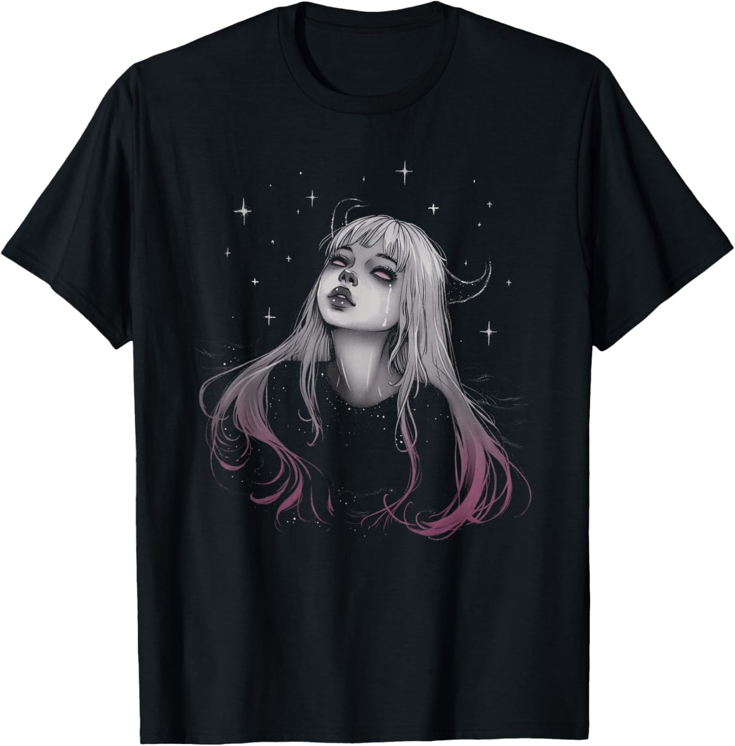 Sad Girl Demon Stars Pastel Goth Alt Pink Crying Aesthetic T-Shirt - T-Shirt | Black