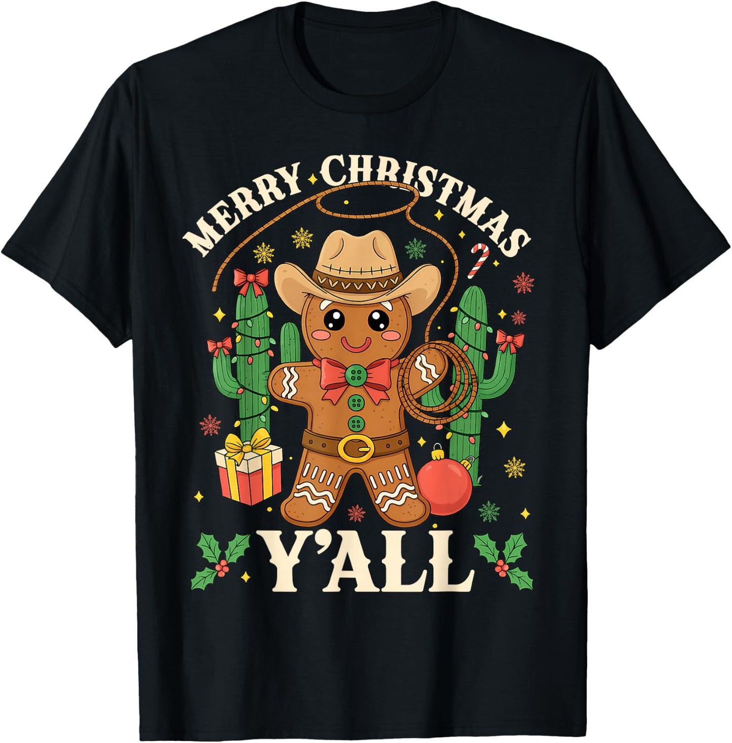 Merry Christmas Yall Gingerbread Cowboy Cowgirl Howdy Xmas T-Shirt - T-Shirt | Black