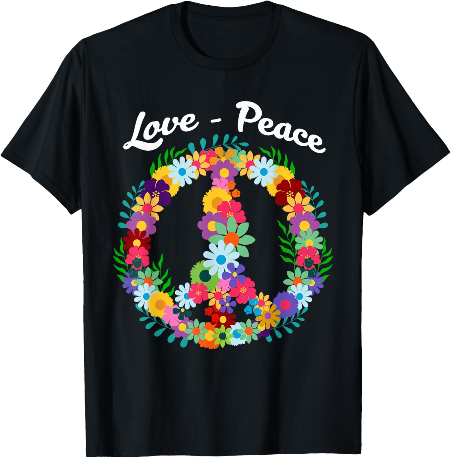Peace Sign Love Floral Funny 60s 70s Hippie Gift T-Shirt - T-Shirt | Black